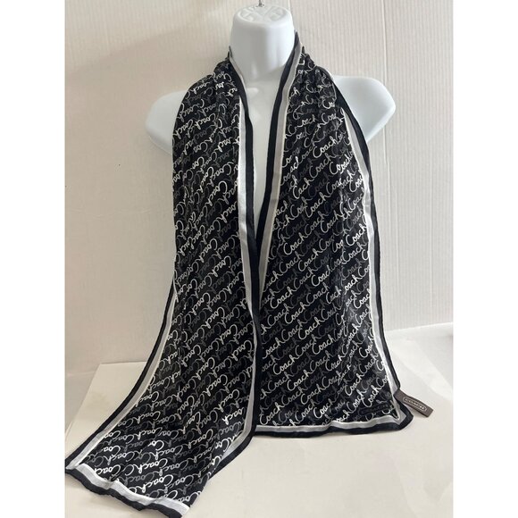 COACH 100% SIlk Scarf Black White Gray Cursive Logo 58" x 10" - Picture 5 of 8